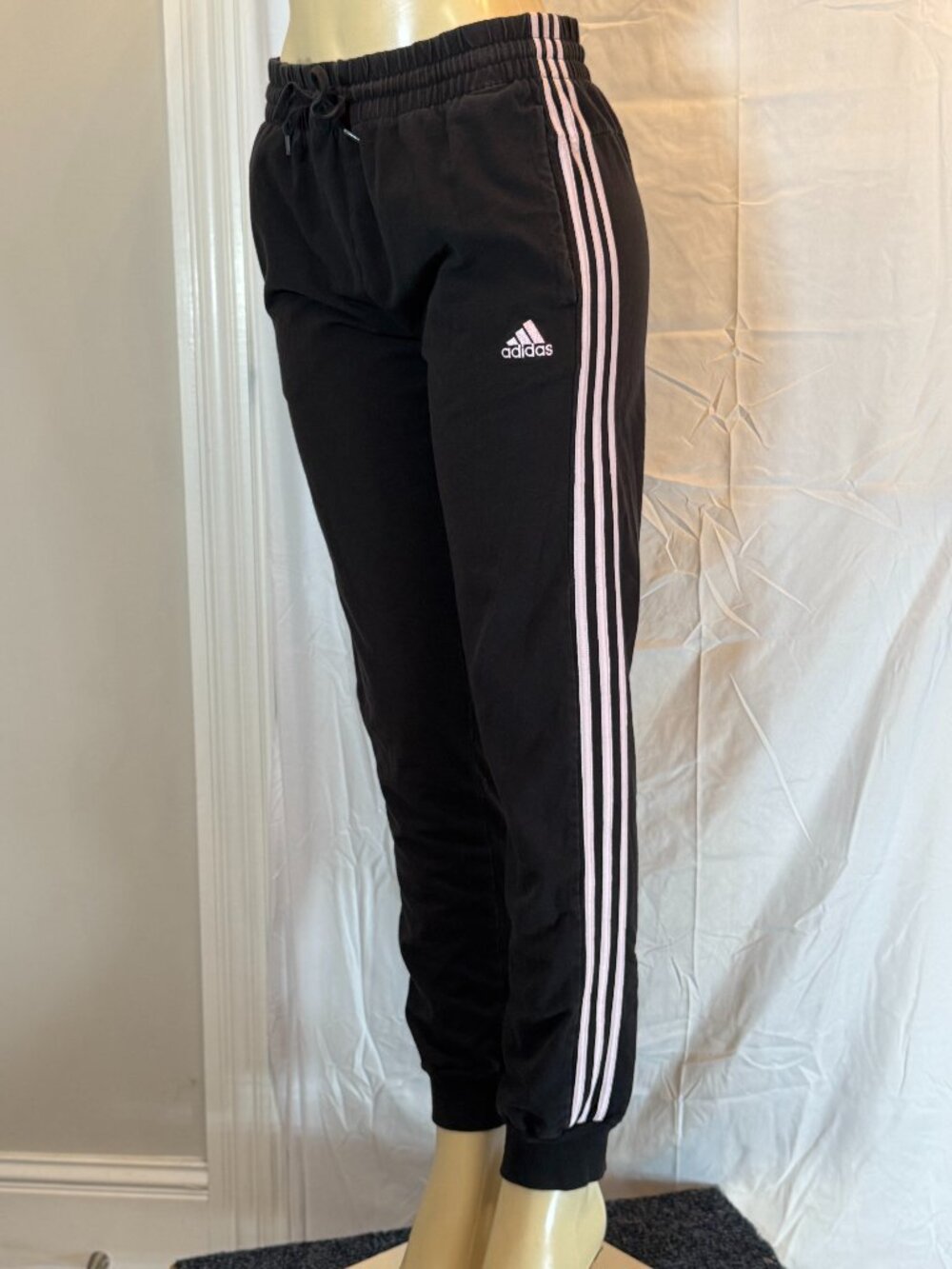 Adidas Joggers Black w/pale pink stripes. some wear, lots of life left! Womens L